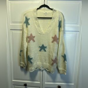 ADORA Women’s Distressed Knit Star Sweater Size Women’s 1X Color Cream/Blue/Pink